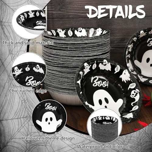 Halloween Ghost Paper Bowls - Black and White Disposable 12oz 100 Pack