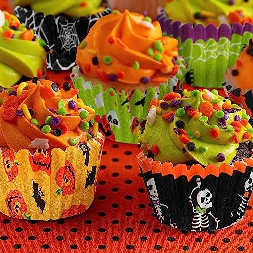 600 Pack Halloween Mini Cupcake Liners - Pumpkin, Spider, Skull, Bat Designs
