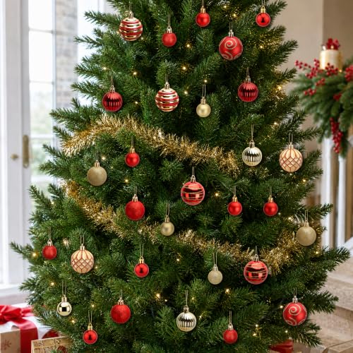 Deloky 112Pcs Red and Gold Christmas Ball Ornaments Set - Small Holiday Baubles, Shatterproof Decorations, 3 Sizes - Variation: Red & Gold