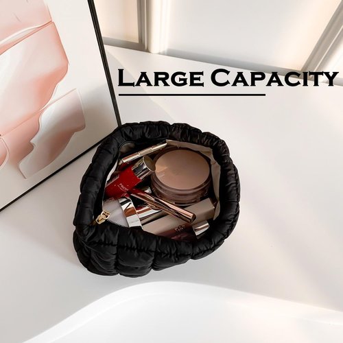 HFLZBRO Puffy Quilted Makeup Bag for Women, Cosmetic Bag, Travel Toiletry Organizer Pouch Clutch (black)
