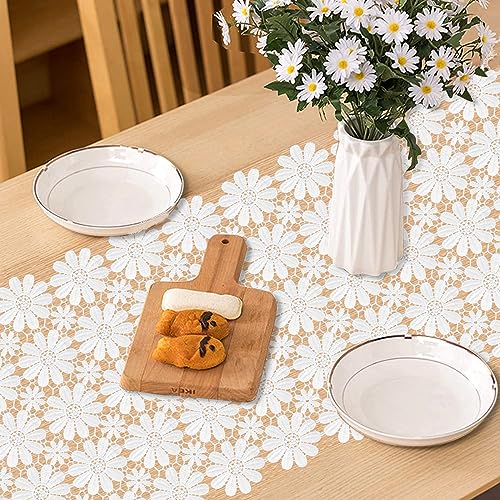 15.8x108 Inch White Crochet Lace Table Runner - Boho Dresser Scarf - Modern Style