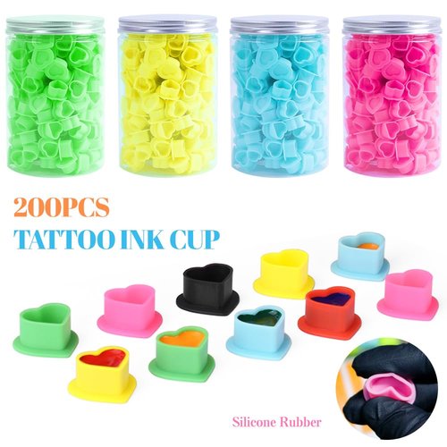 200Pcs Heart Ink Caps with Base Silicone Disposable Tattoo Pigment Cup for Tattooing Supplies
