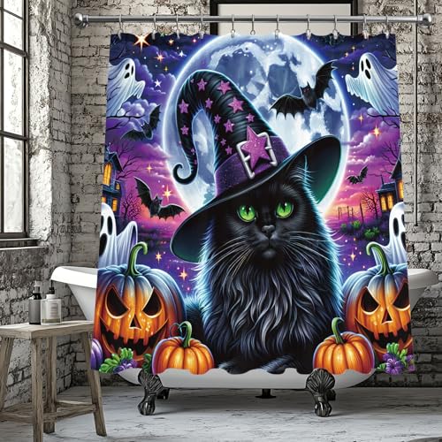 Halloween Shower Curtain with Spooky Castle and Black Cats - Waterproof Polyester