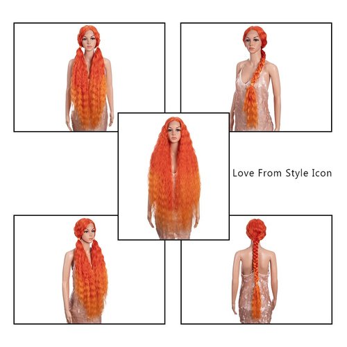 Style Icon 41" Lace Front Wigs Long Wavy Synthetic Wigs with Baby Hair Ombre Orange Bohemian Style Middle Part Half Hand Tied 130% Density Wigs (41", T-RED/ORANGE)