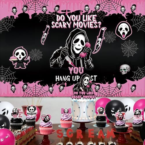 Pink and Black Horror Movie Party Decorations Set with Banner, Balloons & Cupcake Toppers