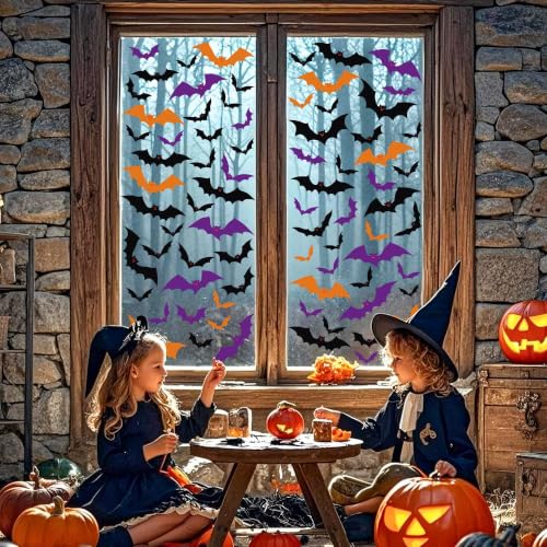 Halloween Window Clings - 6 Sheets, Bat Silhouettes, Reusable Decorations for Indoor & Outdoor Windows