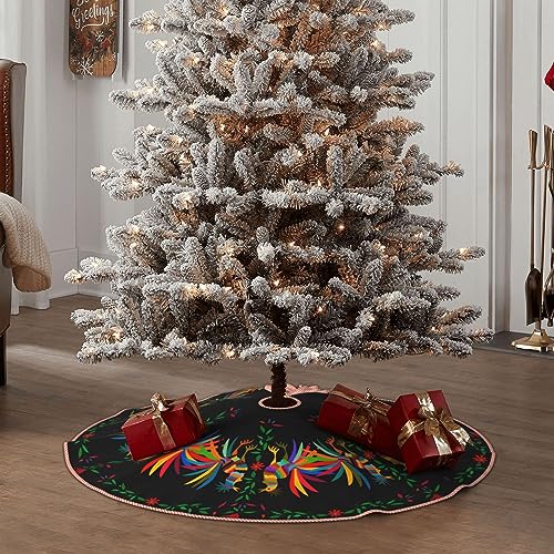 Round Ethnic Mexican Christmas Tree Skirt 36 Inch Black Rustic Holiday Decor