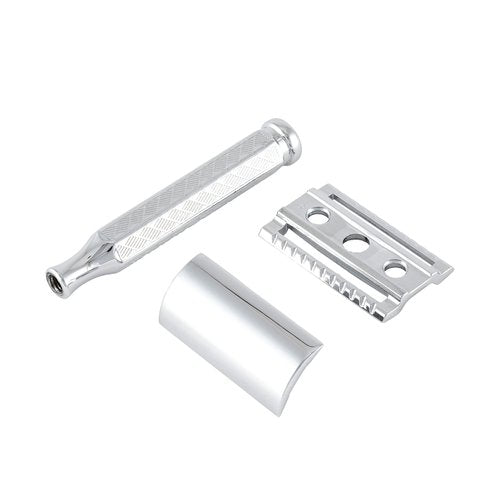 MERKUR 42C Double Edge Safety Razor, Hexagonal Handle, Three-Piece Design, Closed Comb Straight Bar, Bright Chrome Finish, Made in Germany
