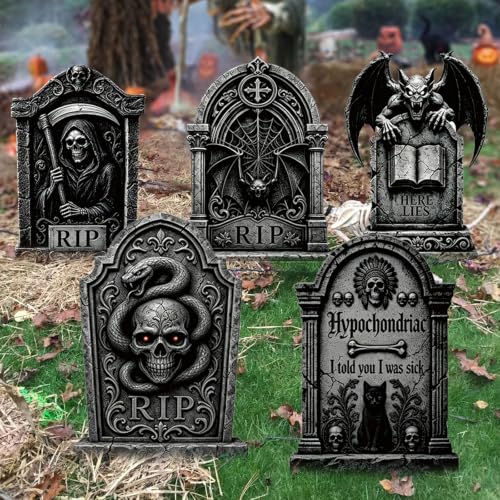 Halloween Tombstone Yard Decorations 5 Pack - 25.6 Inch Plastic Gravestones with Metal Stakes for Outdoor Cemetery Scene