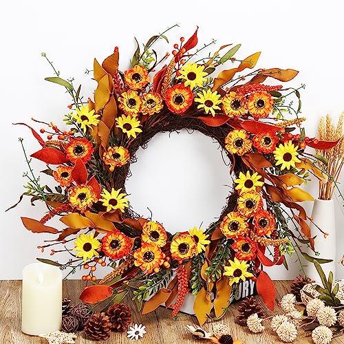 Artificial Fall Wreath 20 Inch Autumn Flowers & Leaves for Front Door Decor