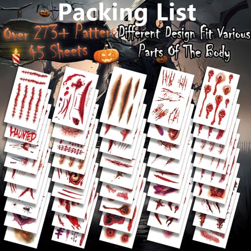Fake Scar Tattoos Set - 45 Sheets Realistic 3D Wound Blood Cuts Halloween Cosplay