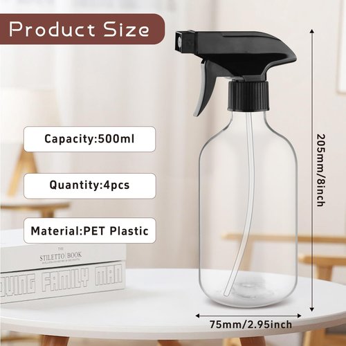 Skiennix 500ml Clear Boston Round Spray Bottles - Adjustable Nozzle for Fine Mist | Reusable Plastic Containers