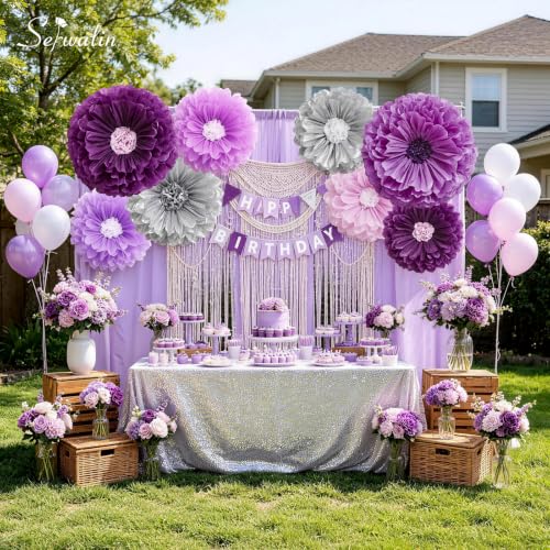 Giant Purple Paper Flower Decorations Wall Set - Elegant Lavender & Silver, 8 pcs