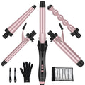 Prizm Pro Clamp Curling Iron Set,Bubble Wand,Tapered Curling Iron 5 Interchangeable Barrel Curling Wand,Hair Wand 11 LCD Adjustable Temp,0.6 to 1.25 Inch,Travel Dual Voltage Rose Pink