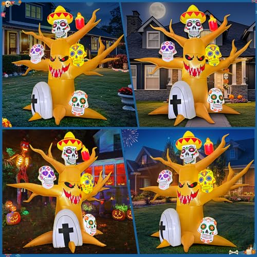 8FT Halloween Inflatable Tree Decoration with LED Skulls - Day of The Dead Yard Decor