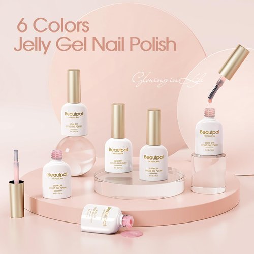 Larvall Beautpal Nude Gel Polish Set Milky Nude Sheer Pink Jelly Gel Polish Nail Kit Soak Off UV Translucent Nail Polish Gel 6PCS 8ml