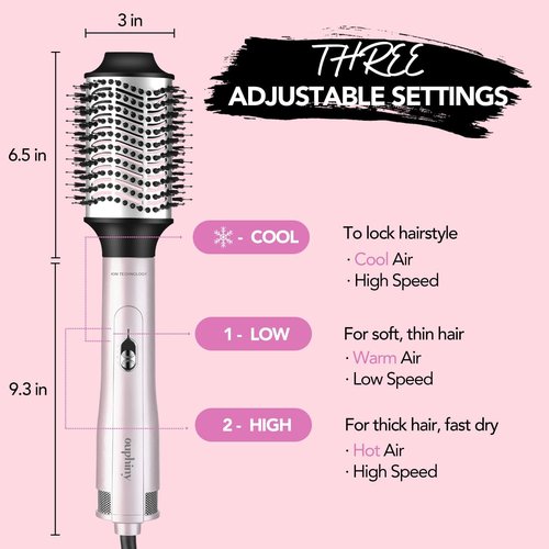 Ouphiny Blow Dryer Brush, 3 in 1 Ceramic Hot Air Brush Set Volumizer with Negative Ionic, 3 Inch Oval Brush Hair Styling Tool for All Hair Types, Interchangeable Multi-Temperature Settings, Pink