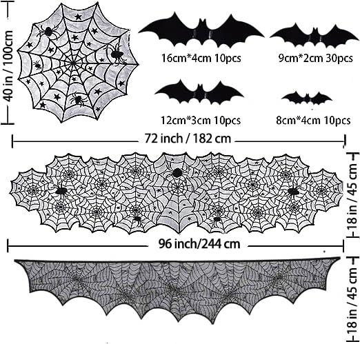 Halloween Decorations Set with Spider Webs, Bat Wall Stickers & Table Covers - 63 Pieces