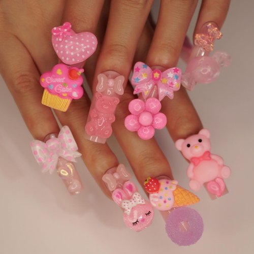 Press on Nails Long Square Summer Fake Nails Pink Full Cover False Nails with Cute 5D Heart Bear Charm Designs Glossy Glue on Acrylic Nails for Women Girls 24 Pcs