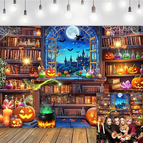 Halloween Magic Photography Backdrop 10x8 FT - Spooky Witch Window Bookshelf Scene