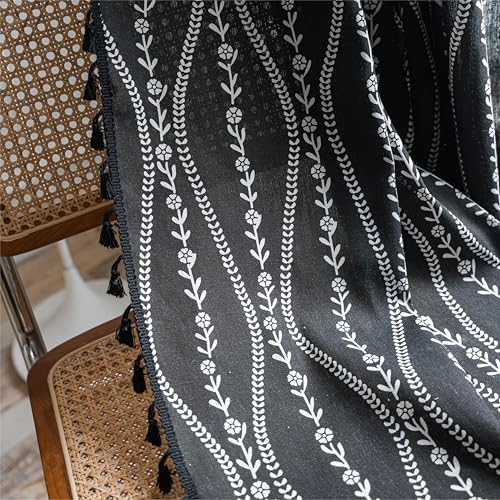 Boho Curtains 63 Inch Length Black Stripe Floral Tassel Drapes for Kitchen & Dining Room - Pack of 1