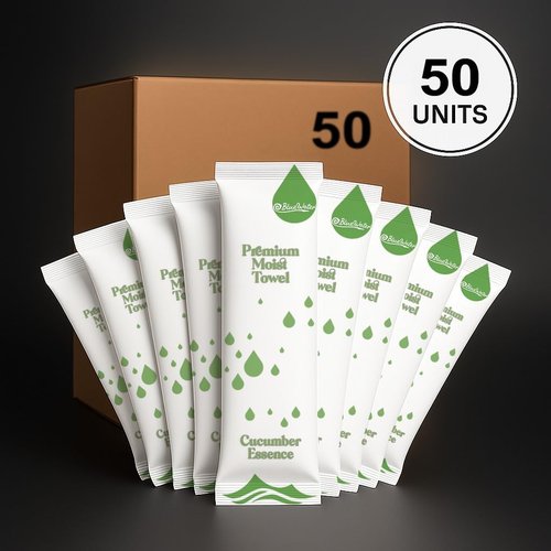 BlueWater (50-Pack) Individually-Wrapped Moist Scented Towels - Single-Use Premium Body Wipes (12x12, Cucumber)