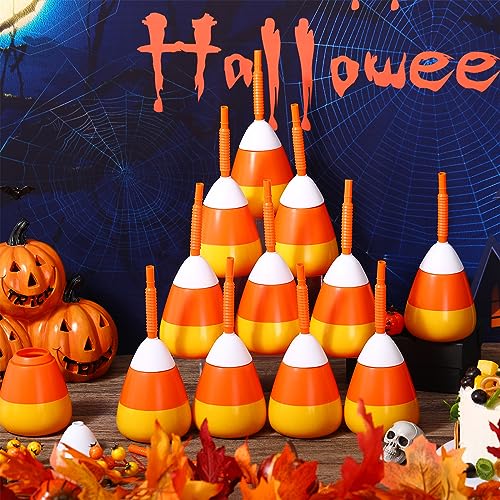 Halloween Candy-Shaped Reusable Plastic Cups with Lid & Straw - 10 oz, 12 Pack