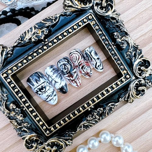 Gothic Press On Nails Set - Bloody Horror Designs, Medium Almond, Black & White - Variation Gothic-24