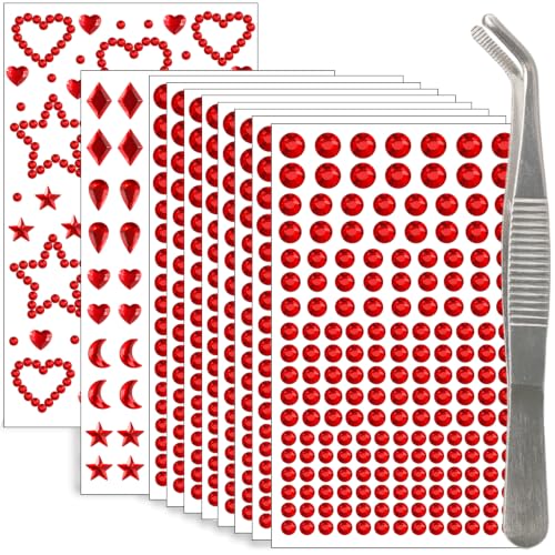 Red Face Gems Set - 1760 Self-Adhesive Rhinestones for Makeup & DIY
