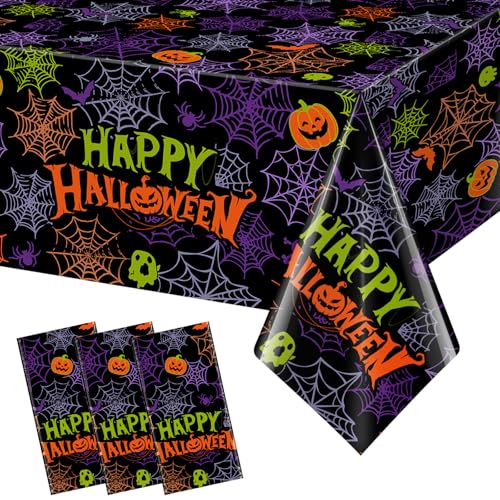 3pcs Halloween Spider Web Plastic Tablecloths - Disposable Rectangular Ghost Design, 54x108 Inch, Variation of 3