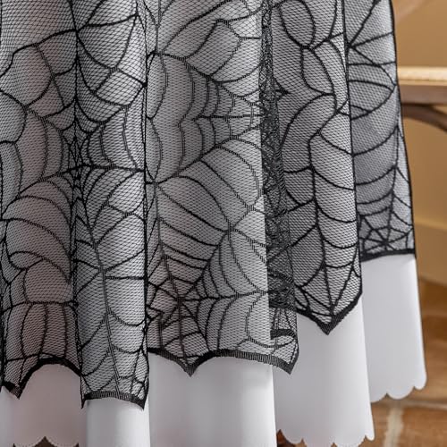 Halloween Spider Web Tablecloth 70 Inch Round Black Lace Spooky Cover - Variation: Black Spider Web