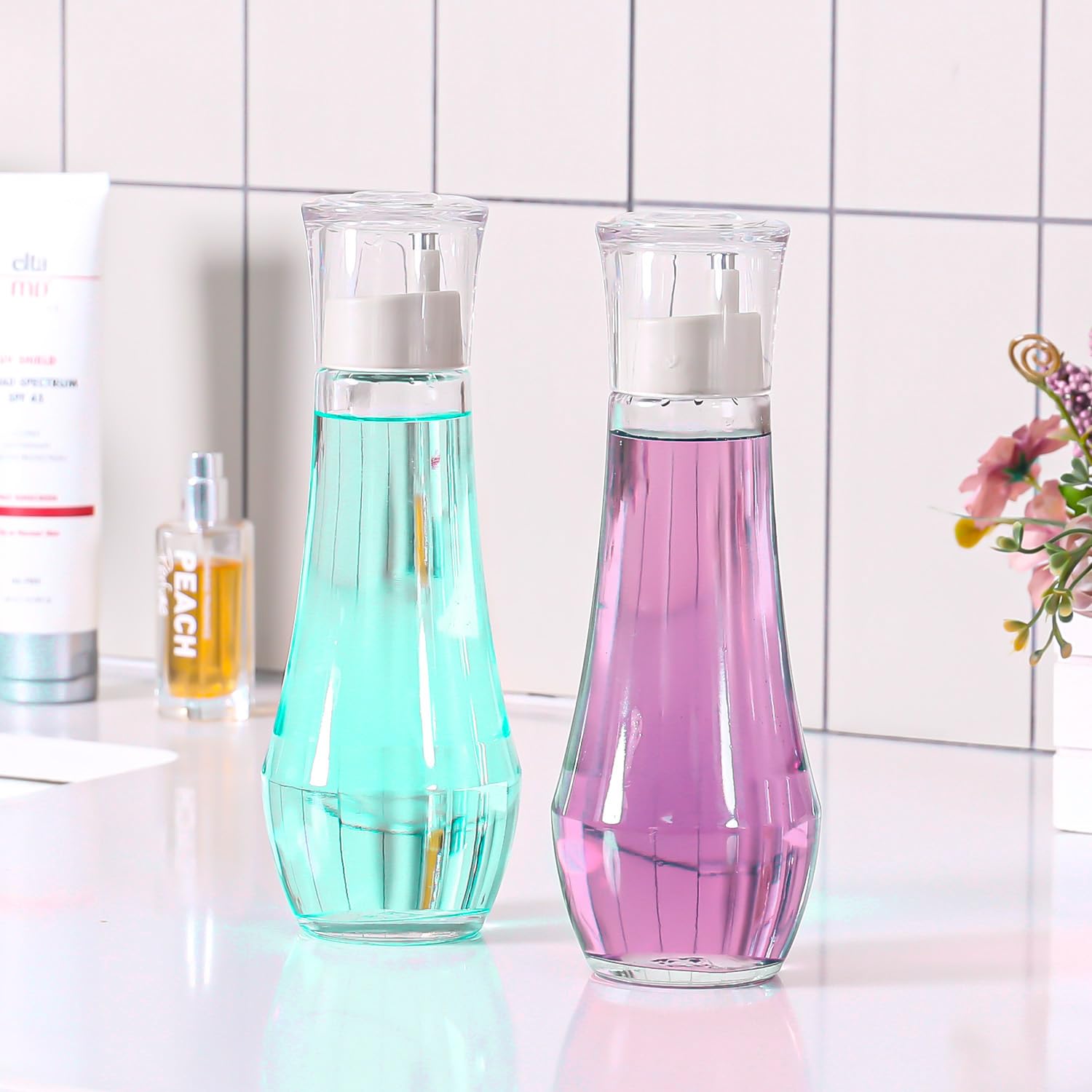 ZOBONETI Mouthwash Dispenser For Bathroom, Glass Mouth Wash Dispensers With Cup, Mouthwash Container Bottle Holder For Adults/Kid, 8.8 OZ, Set Of 2