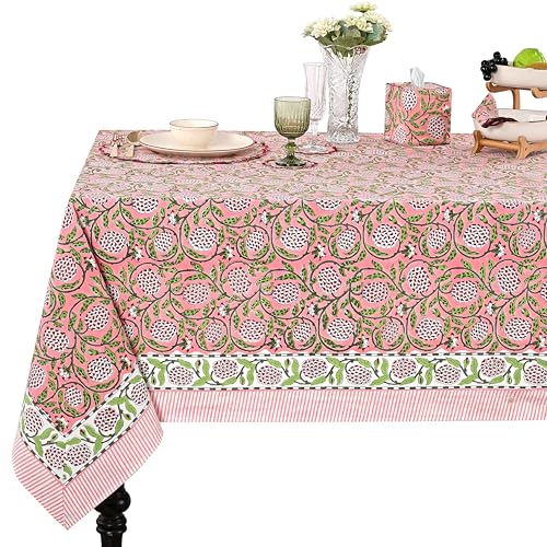Ridhi Pink Hand Block Print Cotton Tablecloth - 90 x 60 Inch, Rectangular
