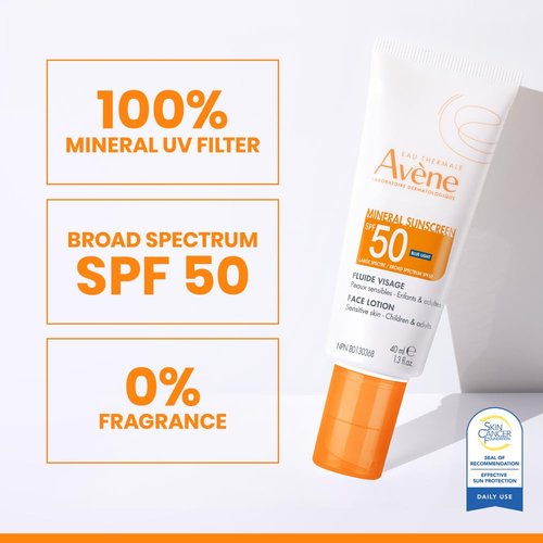 Avène Mineral Sunscreen SPF 50 | Fast Absorbing Face Lotion with Zinc Oxide & Bisabolol - 1.3 oz