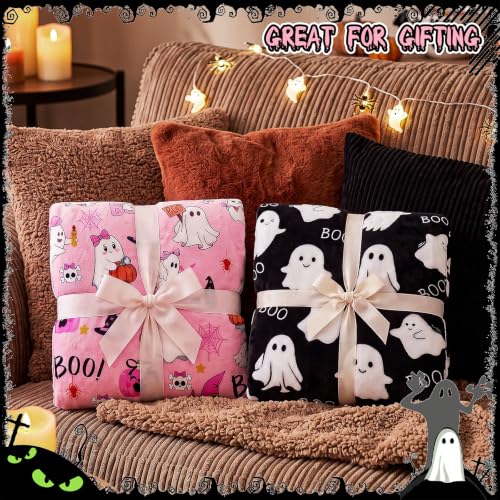 Halloween Ghost Throw Blanket Set - Black and Pink Boo Ghost Flannel 50x60 Inches, Cozy Halloween Decor for Couch and Bed - 2 Pack