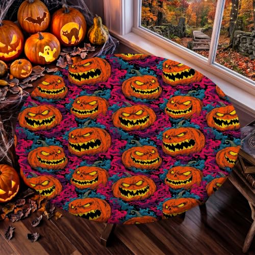 Halloween Fitted Round Tablecloth 49-52 Inch with Pumpkin Head Design - 52 Inches