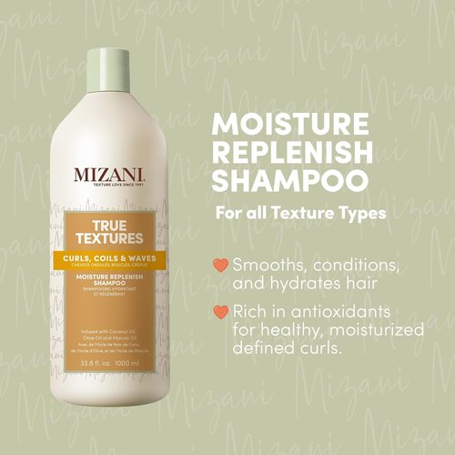 MIZANI True Textures Moisture Replenish Shampoo - Hydrating Curly Hair Care with Coconut Oil, Sulfate-Free