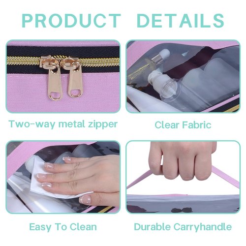 LANDFOBO Clear Travel Makeup Bag Small Portable Cosmetic Toiletry Case with Zipper Organize Travel Samples, Cosmetics, Skincare Products, etc,(Pink)
