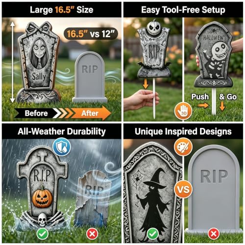 Halloween Tombstone Set - 16.5-Inch Spooky Yard Decor, 6-Pack