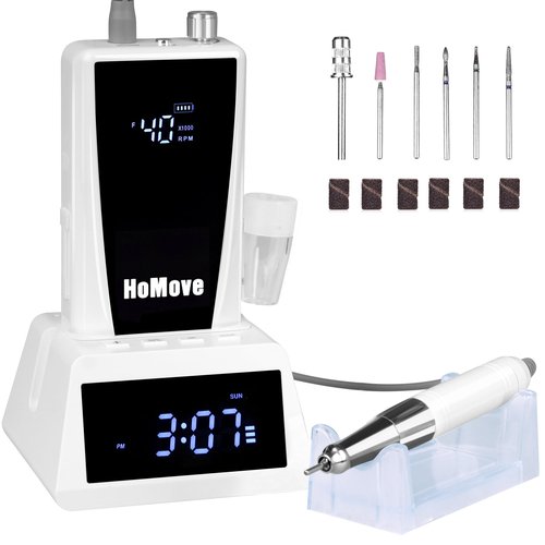 Nail Drill Professional, 40000RPM Rechargeable Electric Nail Drill with Corelss Motor, HoMove Cordless Nail Efile with Clock Power Dock for Acrylic Gel Nails Remove, Low Noise Low Vibration