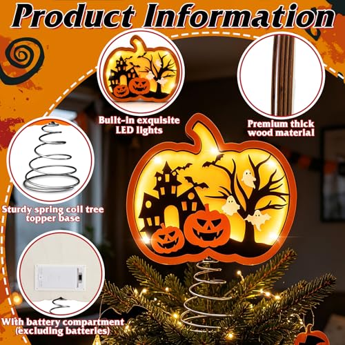 Halloween Pumpkin Tree Topper 9 Inch Shadow Box with LED Ghost & Pumpkin Lights