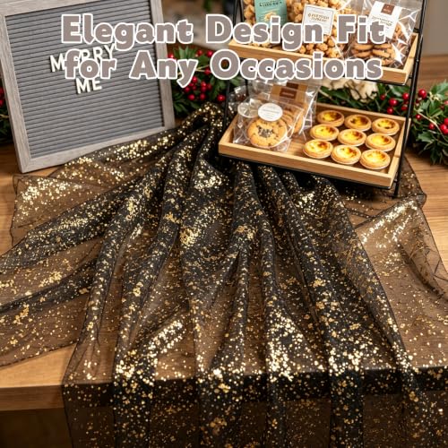 Black Gold Glitter Gauze Table Runner 120 Inch Metallic Sheer Decor - Variation: Black Gold