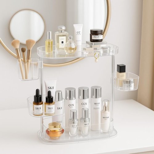 ACRYDECOR Clear Acrylic Makeup Organizer, Multi-Tier Cosmetic Storage Rack with Side Containers, Large Capacity Skincare Holder for Bathroom Counter, Vanity & Desk