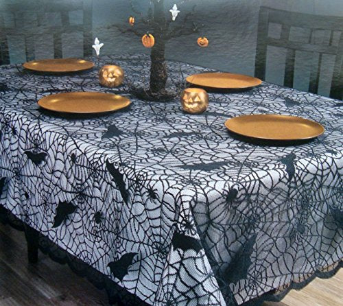 Halloween Bat Spider Web Lace Tablecloth - 60x84 Inch, Black Polyester, Spooky Decor
