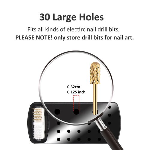 Large 2 in 1 Nail Drill Bits Holder with Nail Drill Bits Cleanser, 30 Holes Dustproof Drill Bits Stand Displayer Organizer Container Manicure Tools - Black
