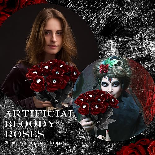 Halloween Artificial Roses Bouquet with Eyeball - 20 Pcs Creepy Floral Decorations, Red