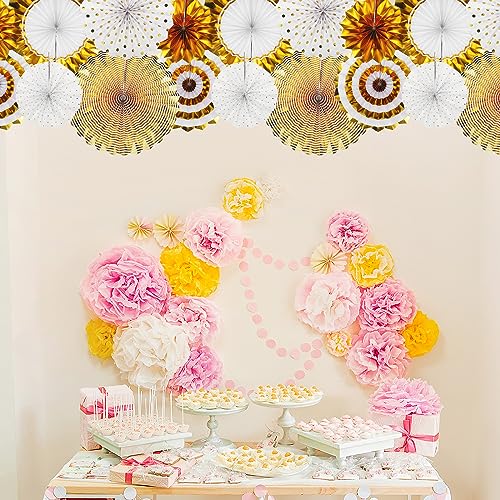 Hanging Paper Fans Party Decor Set 6Pcs Gold White Round Pattern for Events & Celebrations