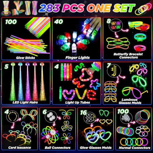 283 Pcs Glow Party Supplies & Favors - Neon Glow Sticks, LED Light Up Toys & Decorations for Kids & Adults
