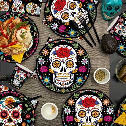 140-Piece Day of the Dead Party Supplies Set for 20 Guests - Sugar Skull Plates Napkins Cups Cutlery