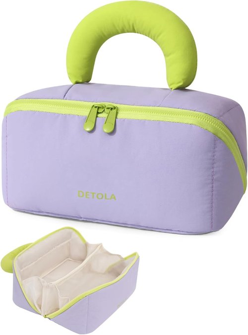 Detola Travel Makeup Bag - Waterproof Lay Flat Cosmetic Organizer with Compartments | Purple